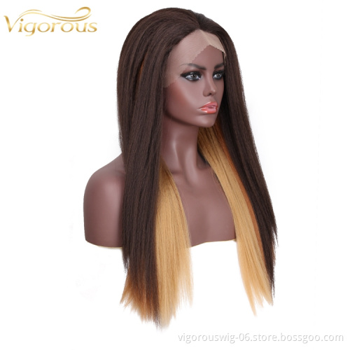 High Quality Straight Long Fake Scalp Coloured Ombre Ginger Fiber Blend Blonde Cheap Lace Front Synthetic Hair Wigs